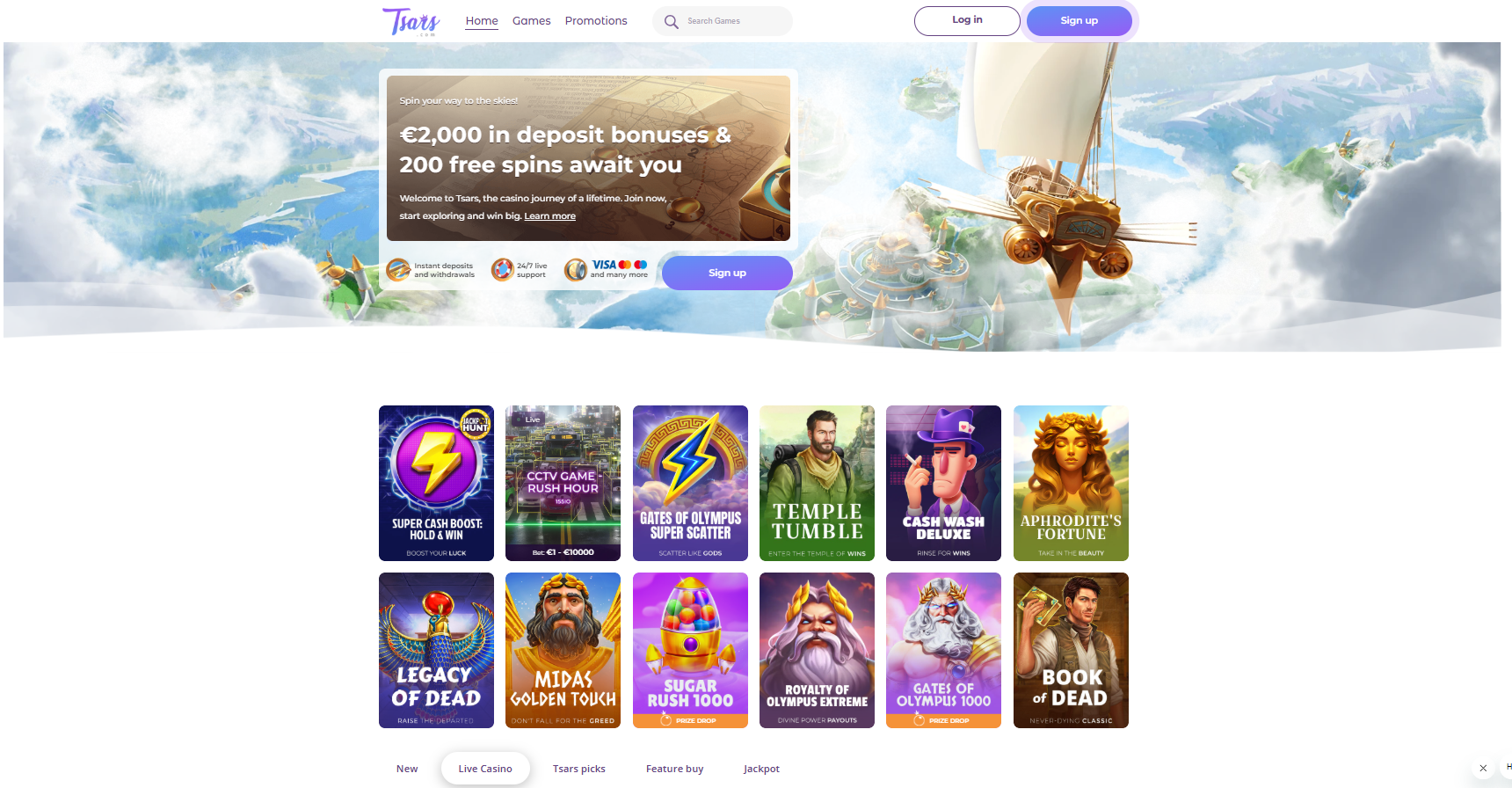 Casino website displaying a variety of games, including slots, table games, and live dealer options.